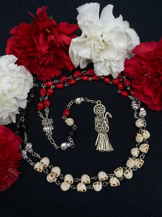 Santa Muerte Rosary + Traditional Colors + Blessed + Sterling Silver Plated Chain + Handcrafted + Rosario