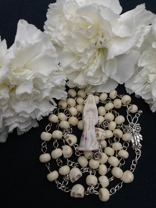 Santa Muerte Blanca Rosary with Bone and Howlite Beads + Blessed + Sterling Silver Plated Chain + Handcrafted + Rosario