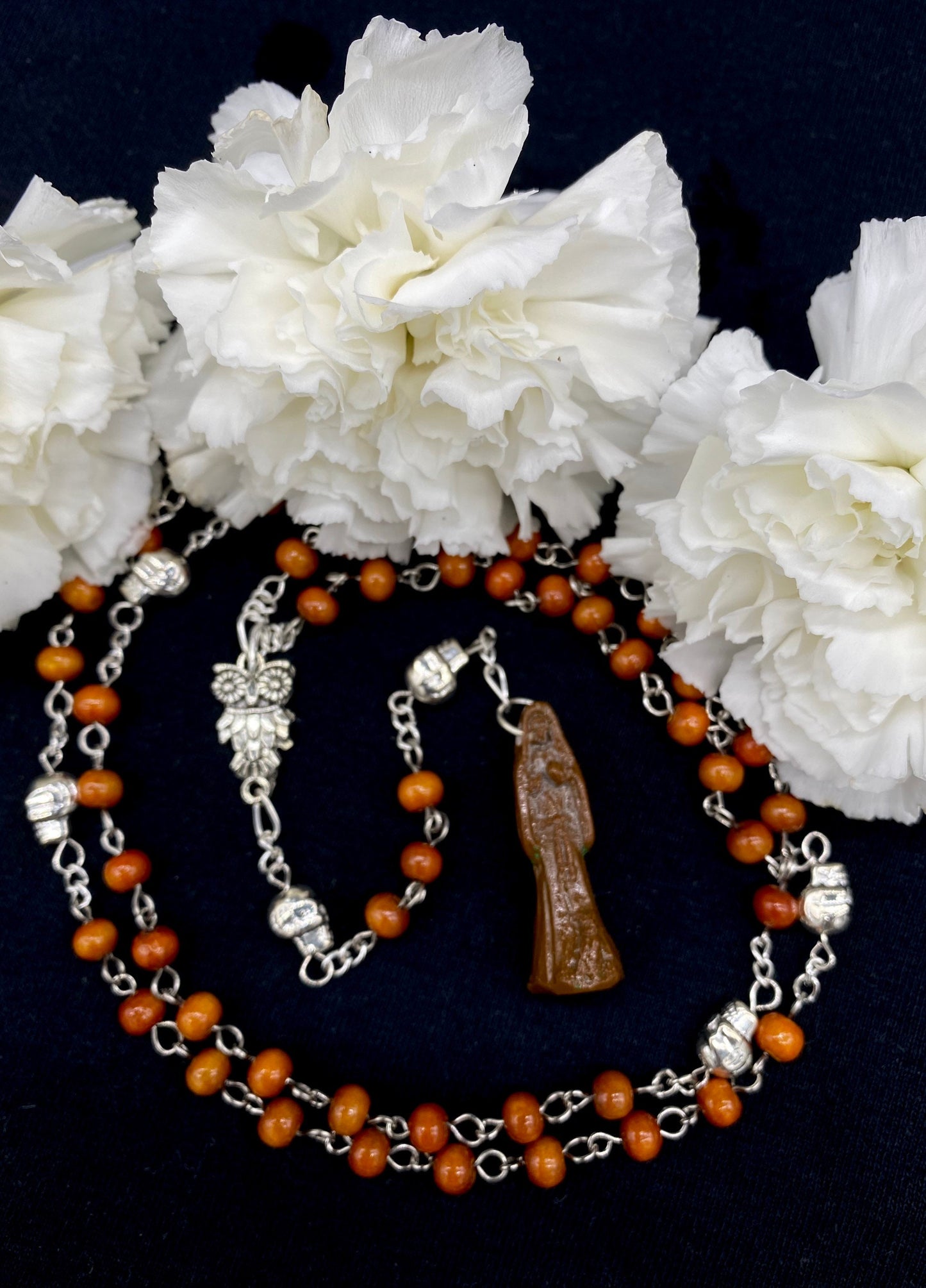 Santa Muerte Marron Rosary with Wood Beads + Blessed + Sterling Silver Plated Chain + Handcrafted + Rosario