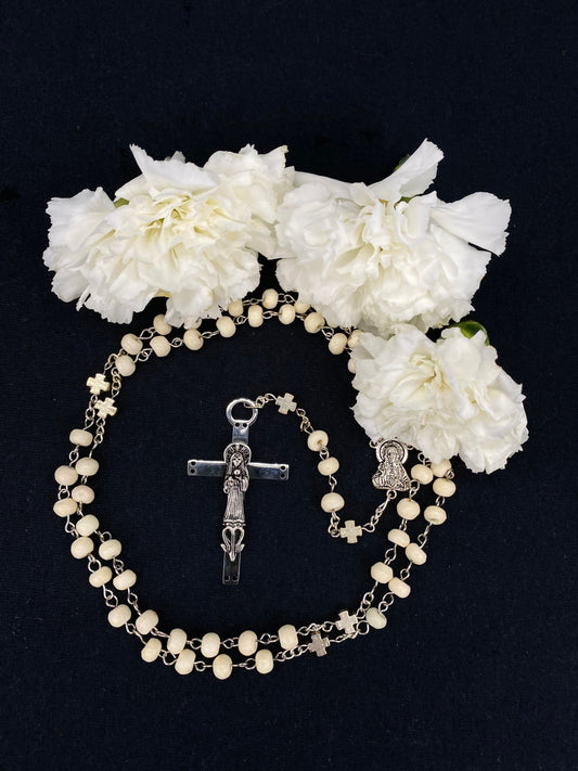 Santa Muerte Blanca Rosary with Bone Beads & Santa Muerte Cross + Sterling Silver Plated Chain + Handcrafted + Rosario
