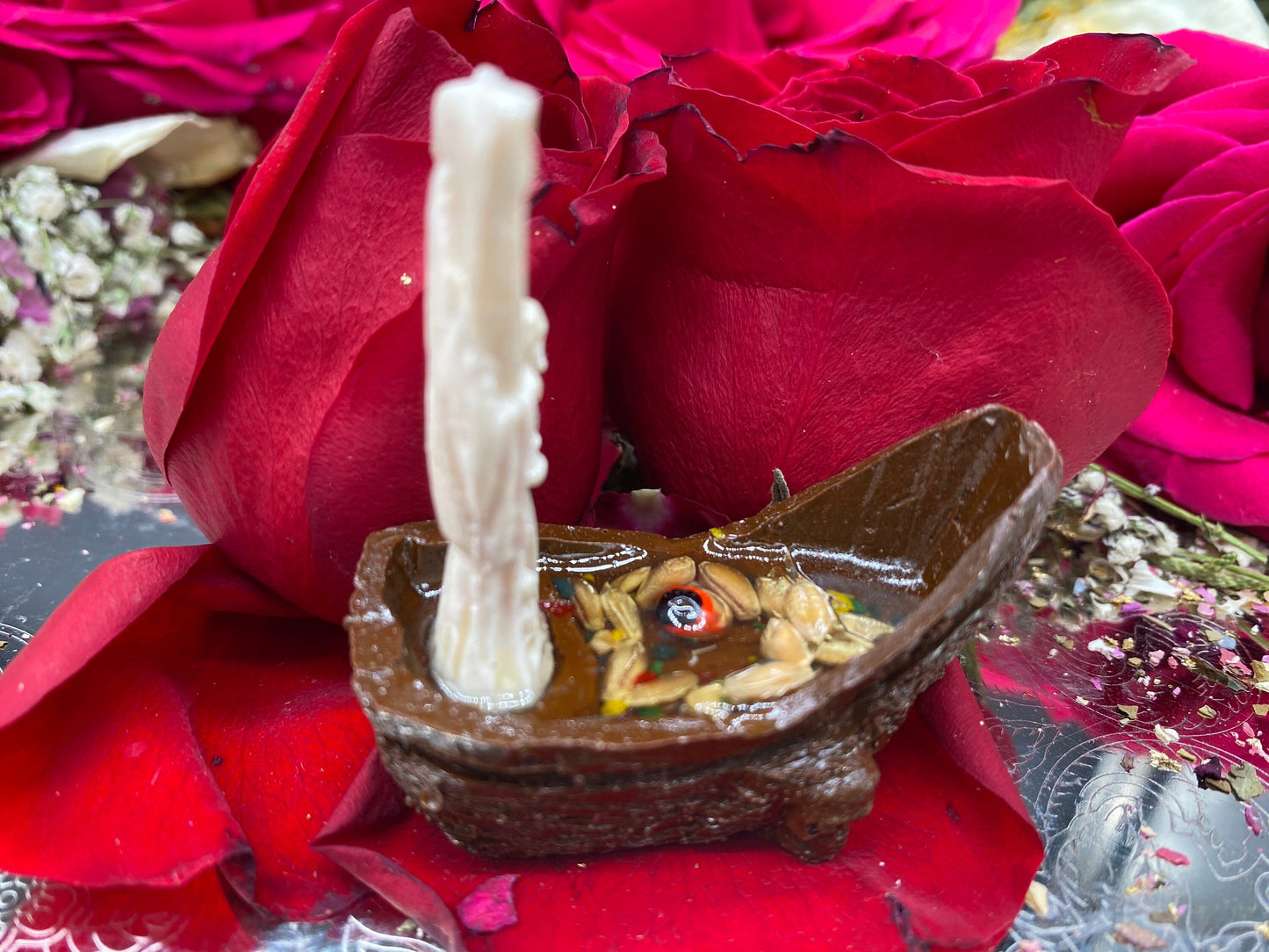 Santa Muerte Statuette in a Boat + Baptized + Blessed + Fixed + Made in Mexico