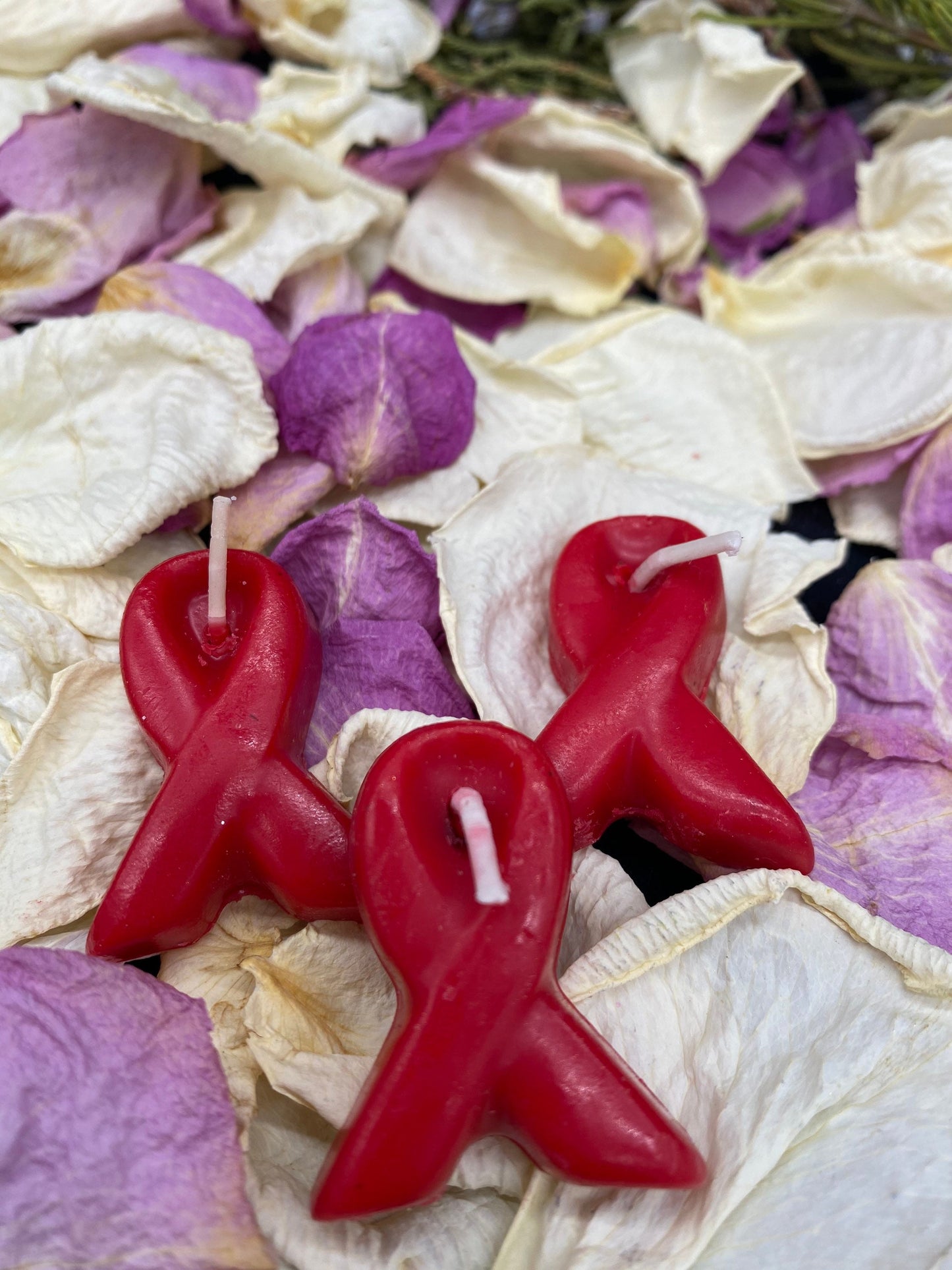 Three HIV/AIDS Awareness Red Ribbon Candles