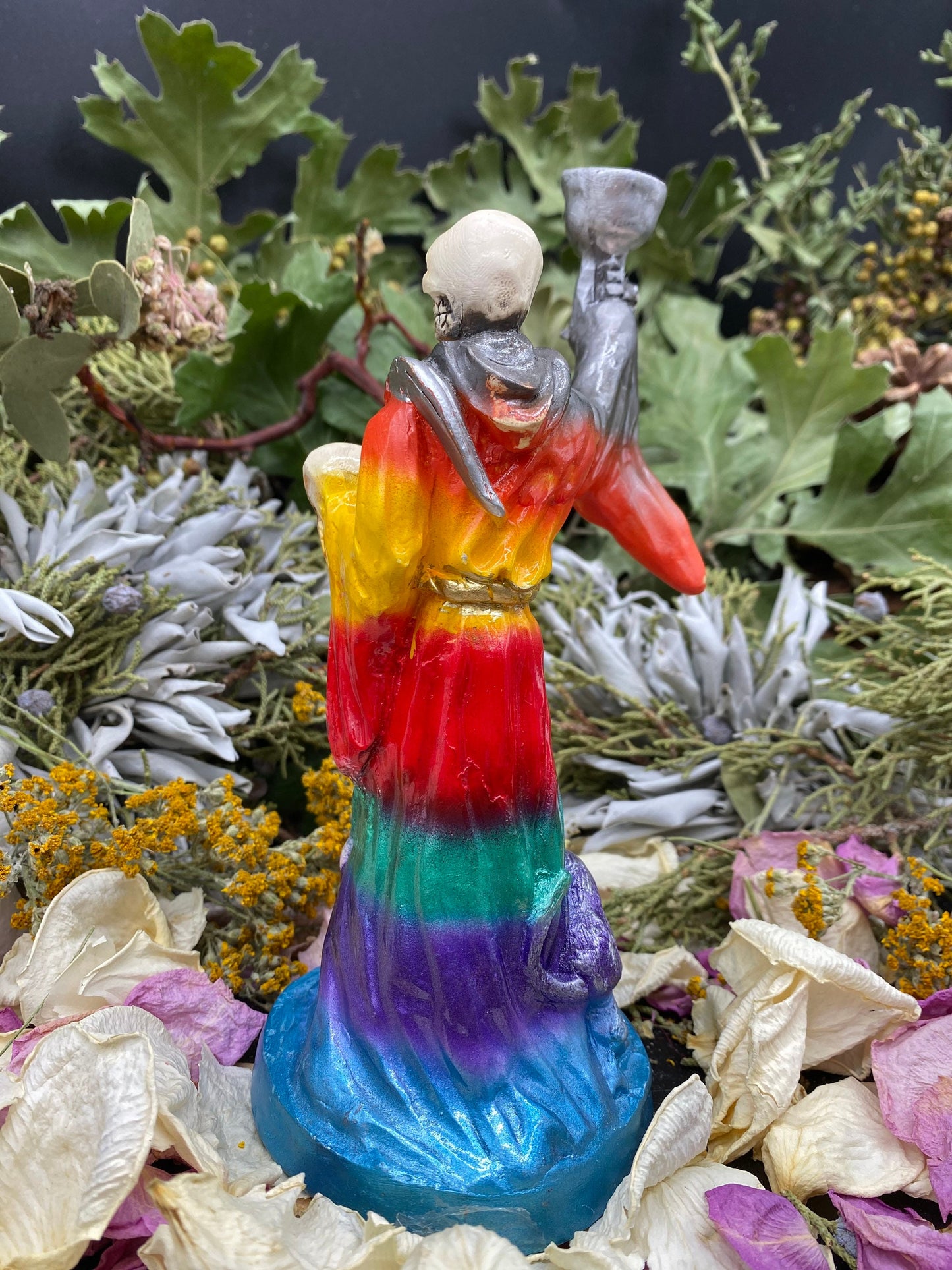 Last One! Santa Muerte Siete Colores Chalice & Cat Statue + Sterling Silver + Baptized + Fixed + Made in Mexico + Gato Negro