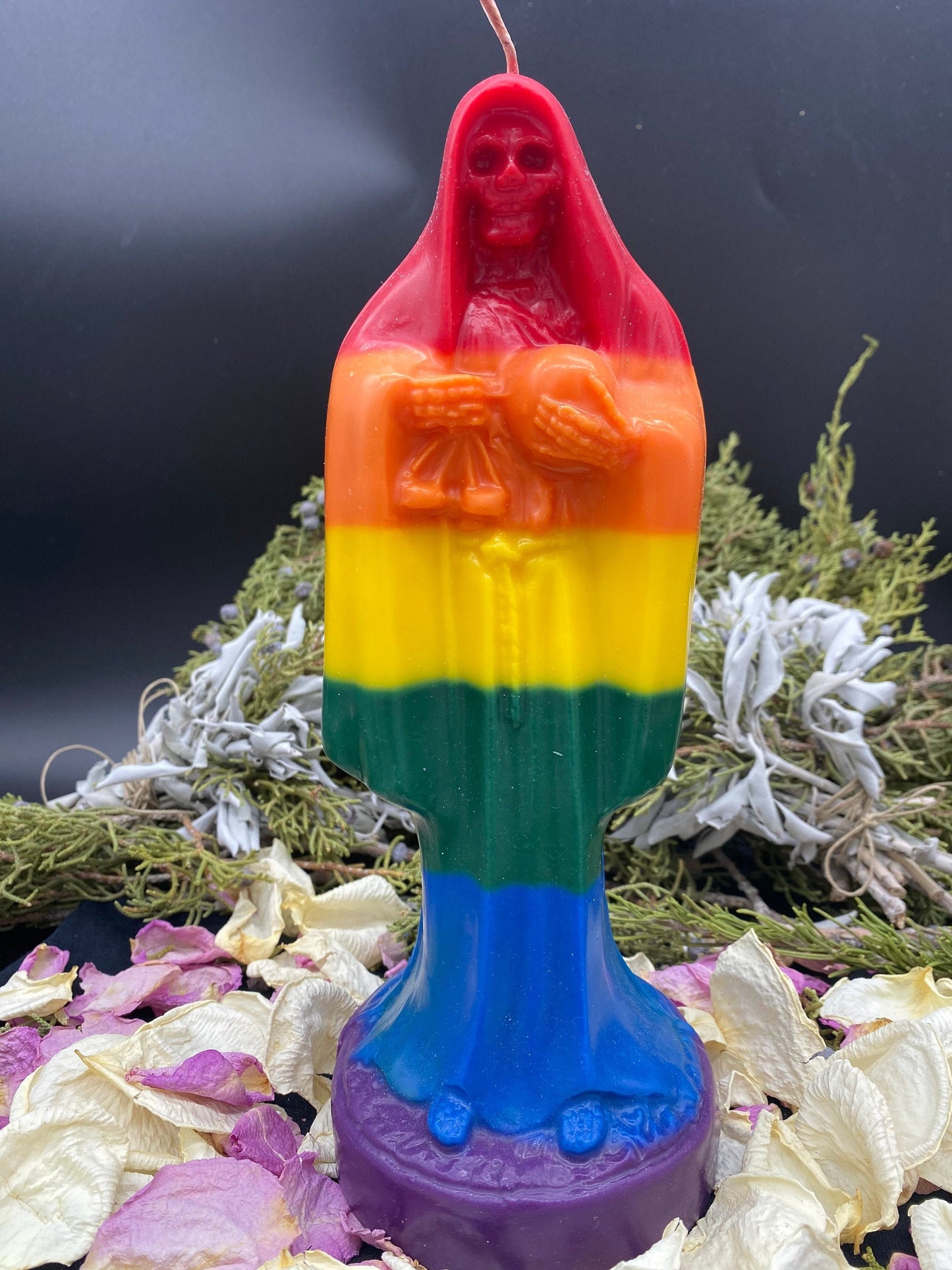 Vela Arcoiris Santa Muerte + LGBTQI + Abridor de Caminos + Bendito + Oro 24K