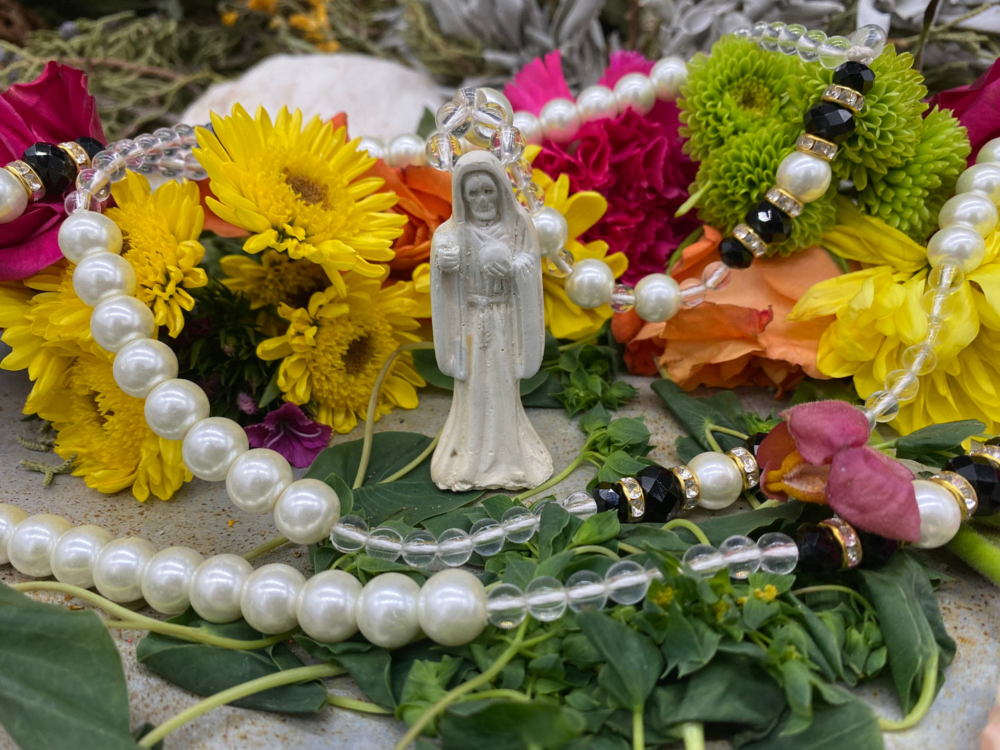 Long Santa Muerte Blanca Rosary + Blessed + Hecho en Mexico + Rosario