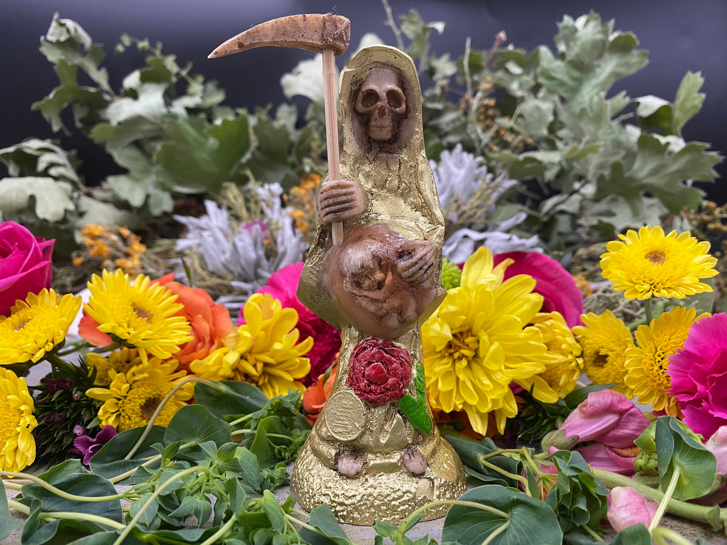 Santa Muerte Dorada Statue + Baptized + Embarazada + Pregnant + Fixed + Made in Mexico