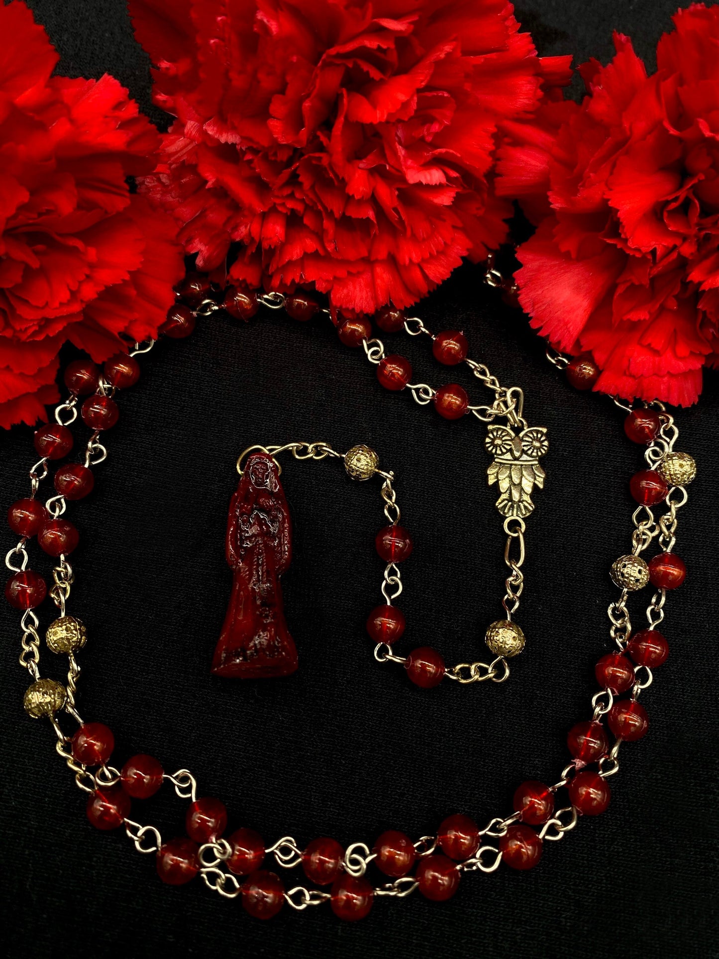 Santa Muerte Roja Rosary + Heart Beads + Blessed + Handcrafted + Rosario