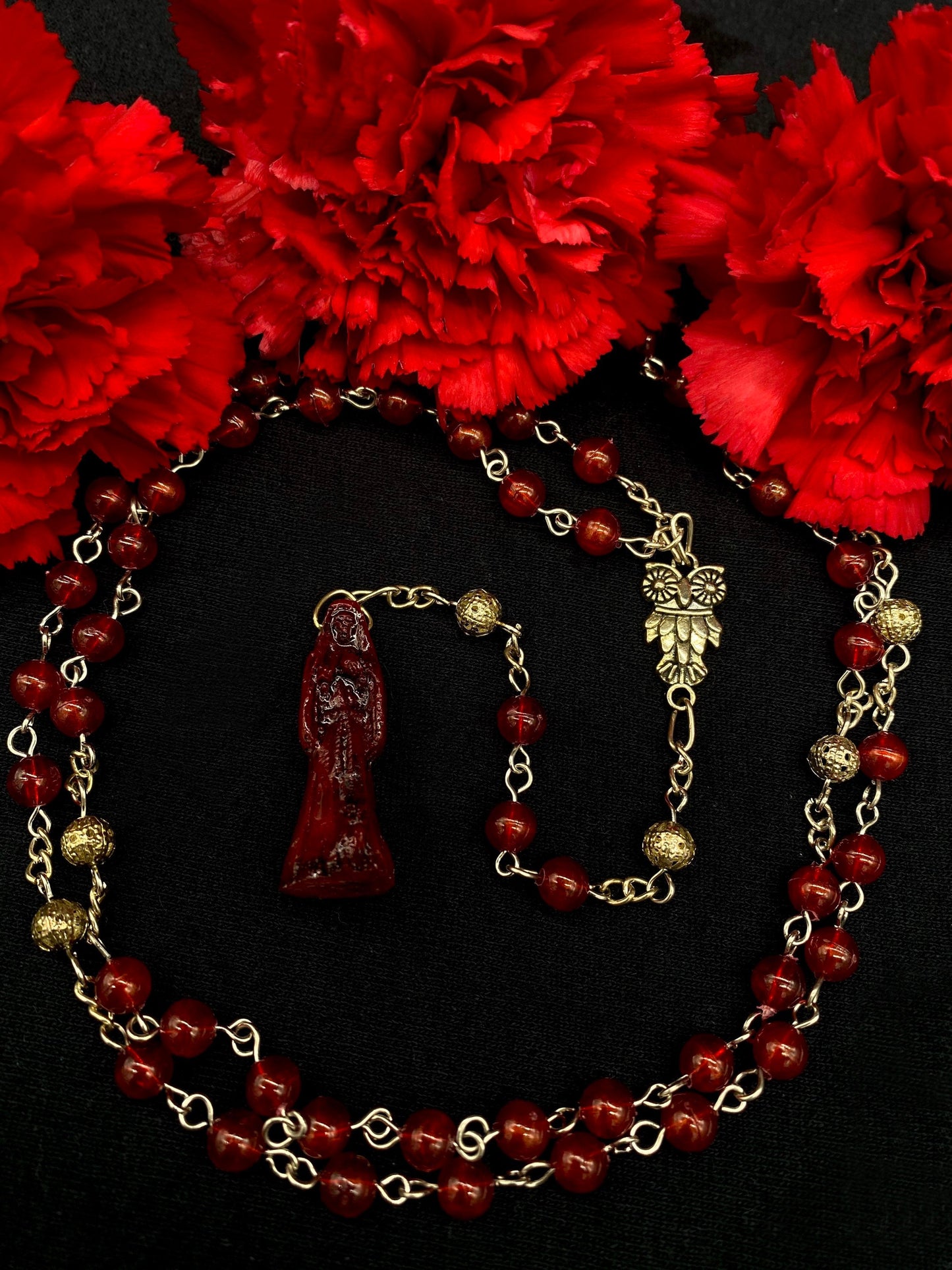 Santa Muerte Roja Rosary + Blessed + Gemstone + Carnelian + Sterling Silver Plated Chain + Rosario