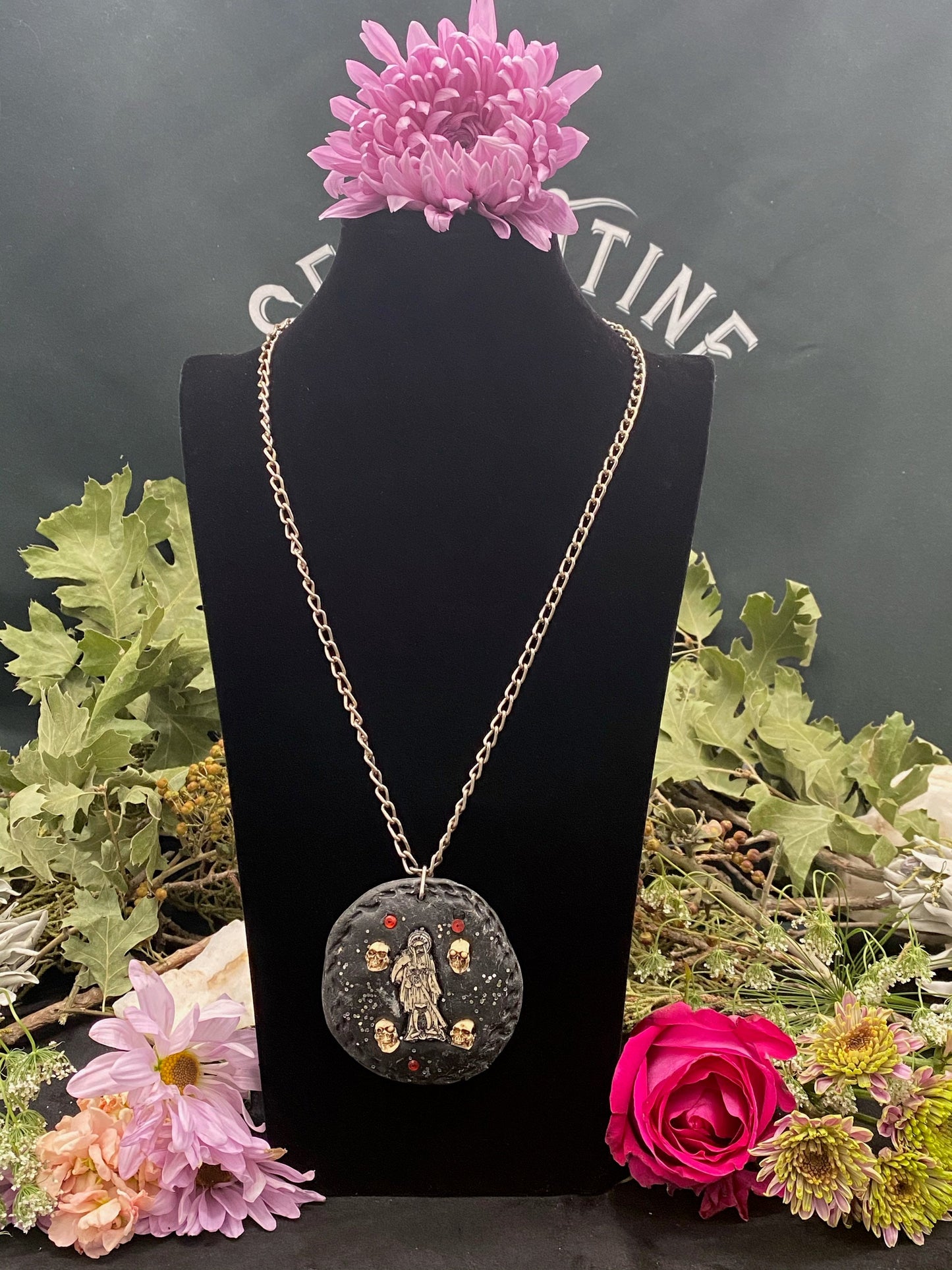 Round Santa Muerte Necklace + Silver Glitter + Protection + Made in Mexico