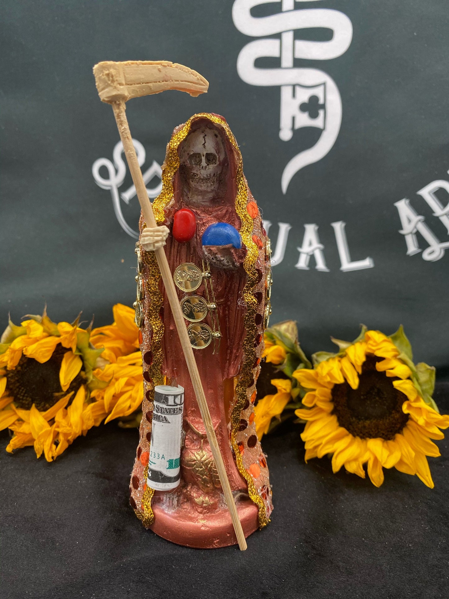 Deluxe Santa Muerte Statue + 24K Gold + 7” + Baptized + Fixed + Made in Mexico