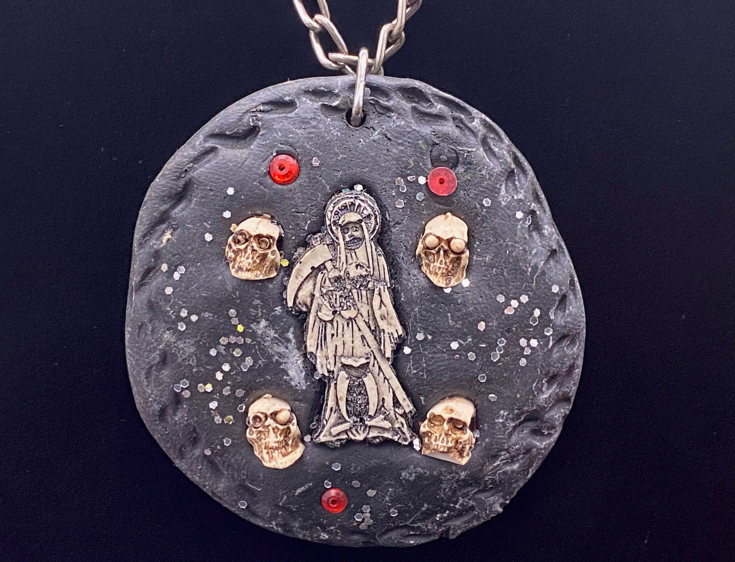 Round Santa Muerte Necklace + Silver Glitter + Protection + Made in Mexico