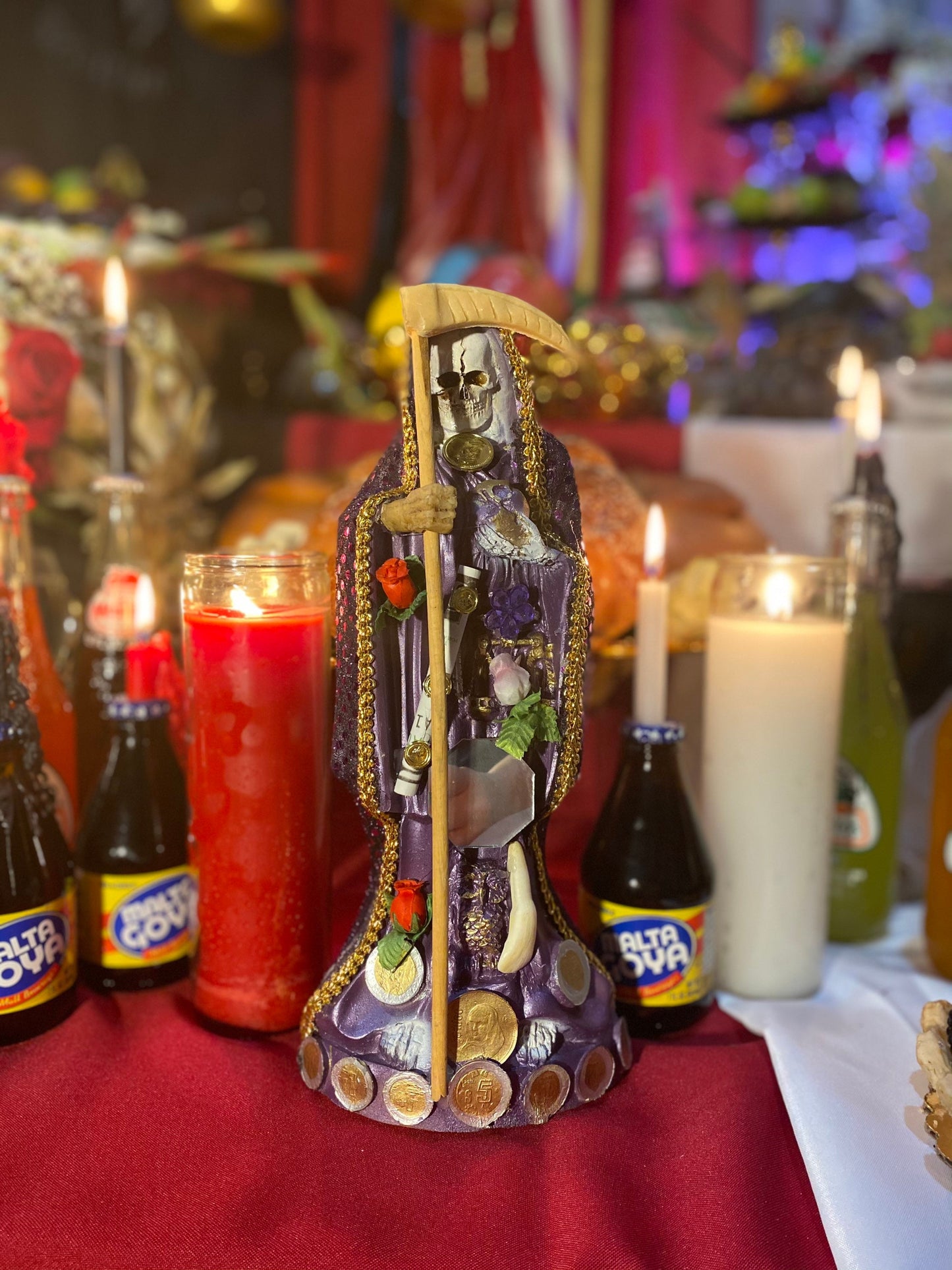 Santa Muerte Morada Statue + 12” + Fixed and Baptized on Feast Day on Feast Day + 24K Gold