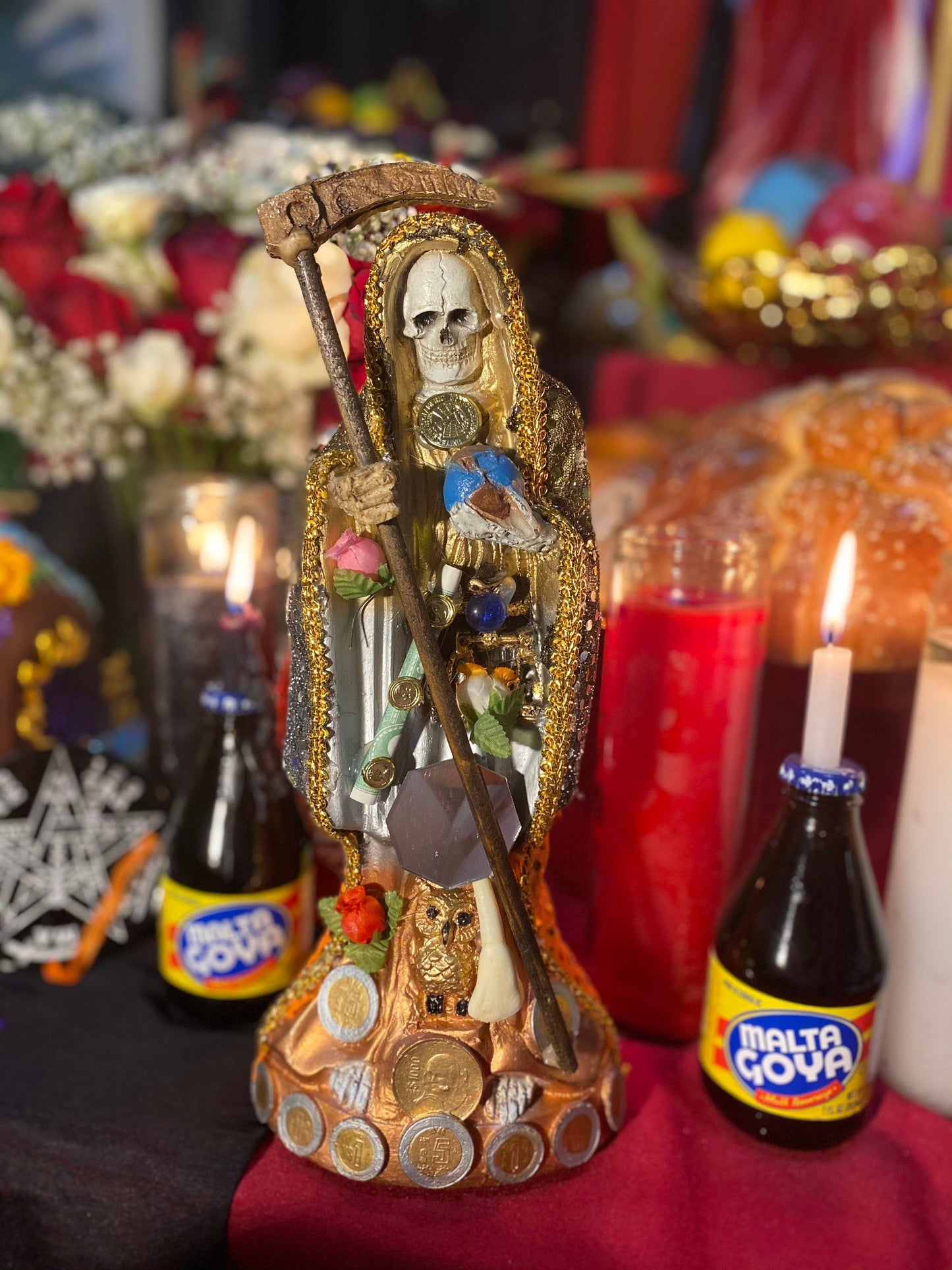 Statue de Santa Muerte Abre Camino pour l'argent et les affaires + 12" + Fixée et baptisée le jour de la fête + Or 24 carats