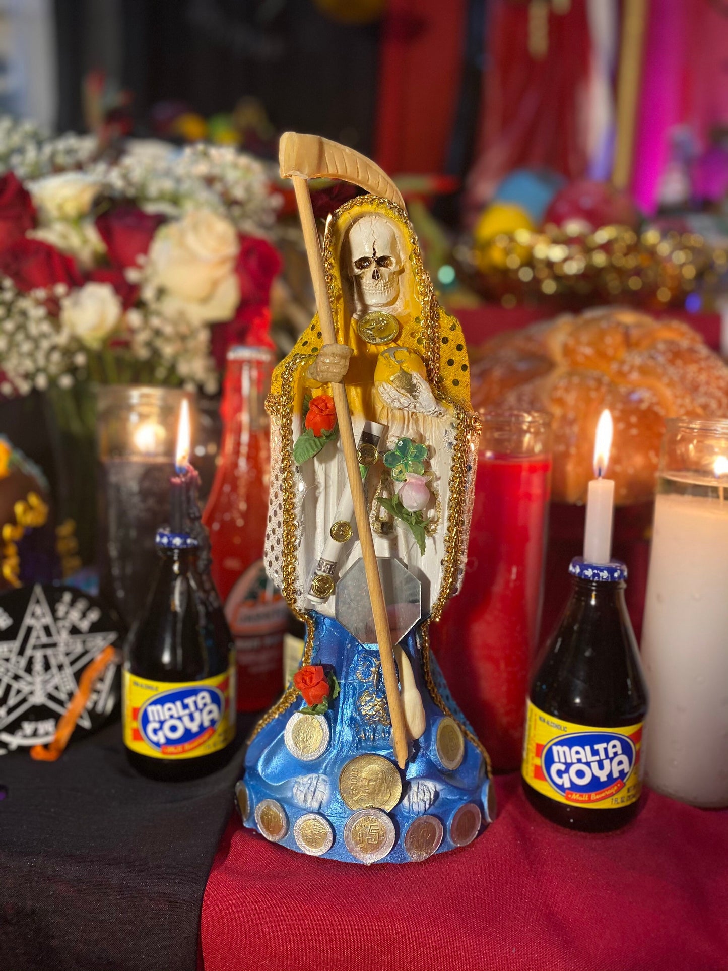 Estatua Santa Muerte Abre Camino + 12” + Fija y Bautizada el Día de la Fiesta + Oro 24K