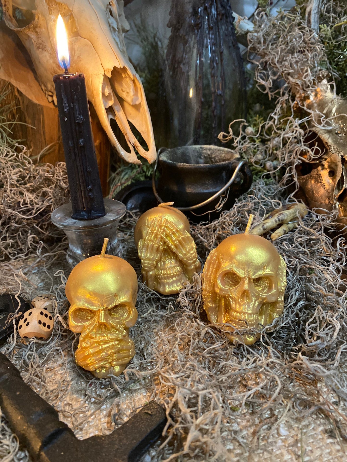Three Wise Skulls Candle Set + Hear No Evil + See No Evil + Speak No Evil + Stop Jealousy & Gossip + Hide Spells + Santa Muerte