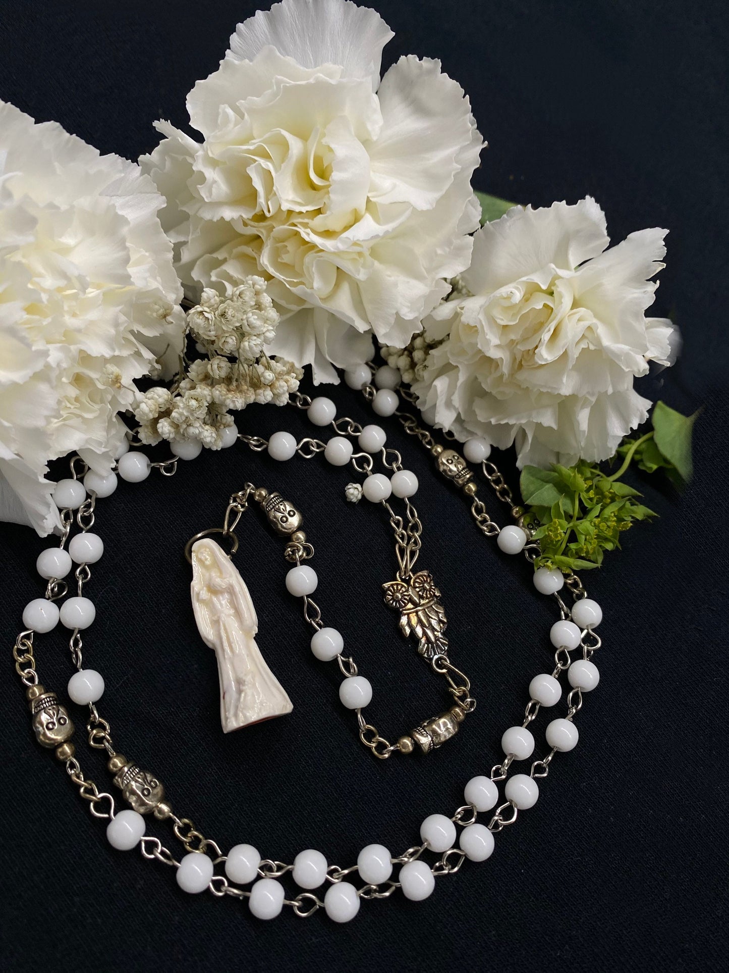 Santa Muerte Blanca Rosary + Gemstone + Blessed + Sterling Silver Plated Chain + Handcrafted + Rosario