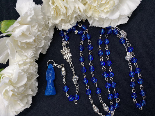 Santa Muerte Azul Rosary + Blue + Sterling Silver Plated Chain + Handcrafted + Rosario