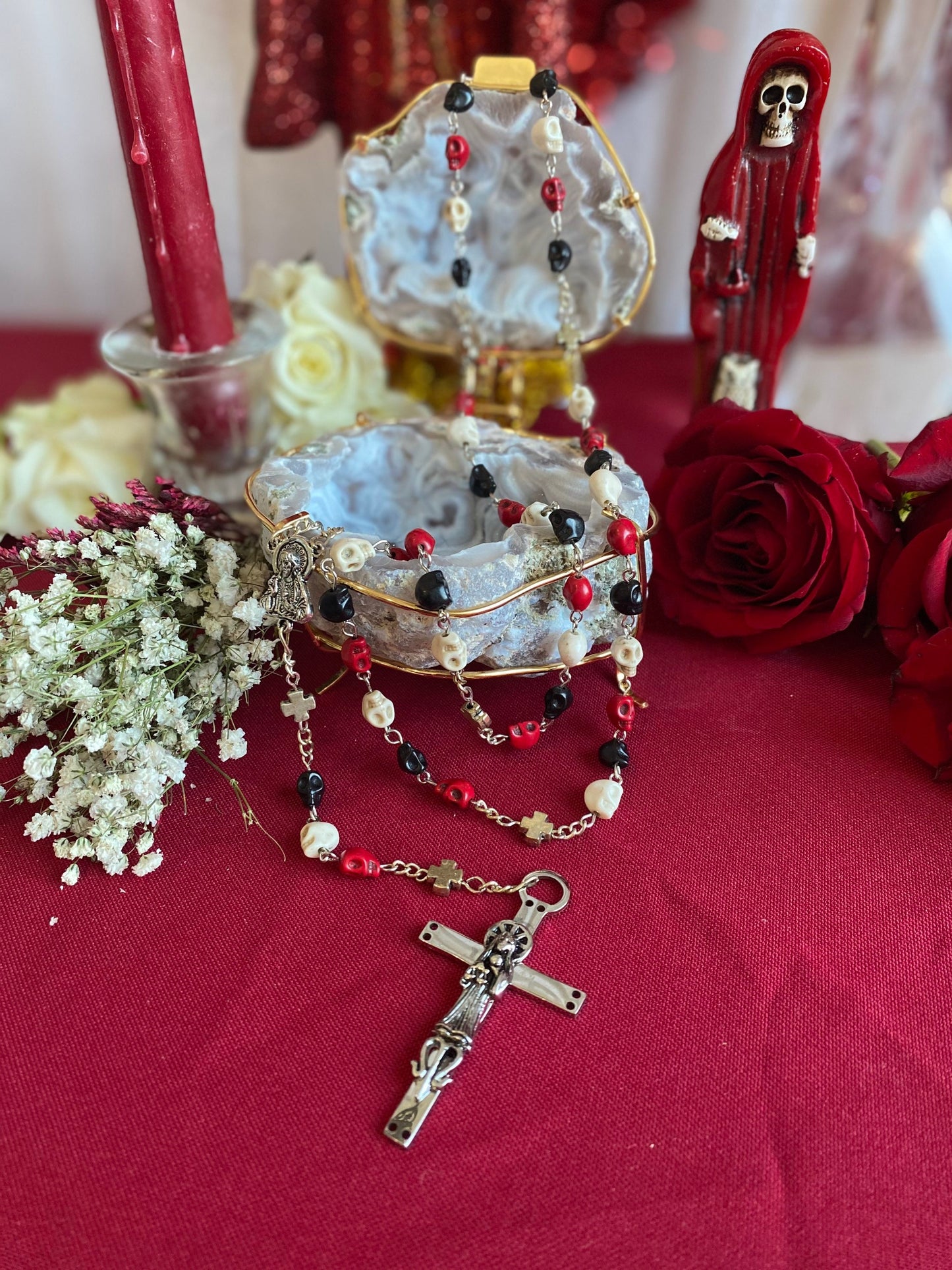 Santa Muerte Rosary with Tricolor Skulls & Santa Muerte Cross + Three Robes + Sterling Silver Plated Chain + Handcrafted + Rosario