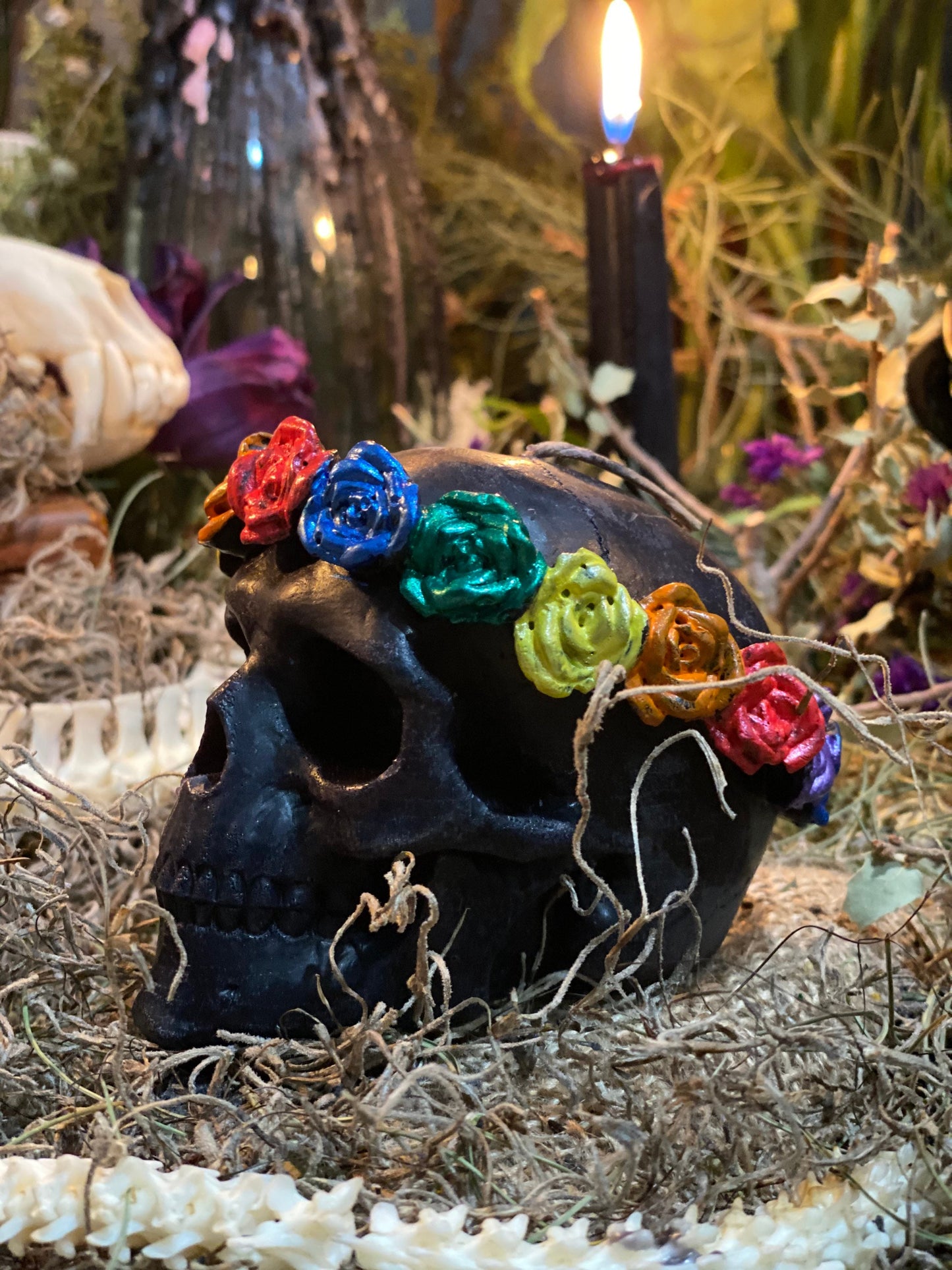 Skull Candle with Rainbow Roses + Hand Painted