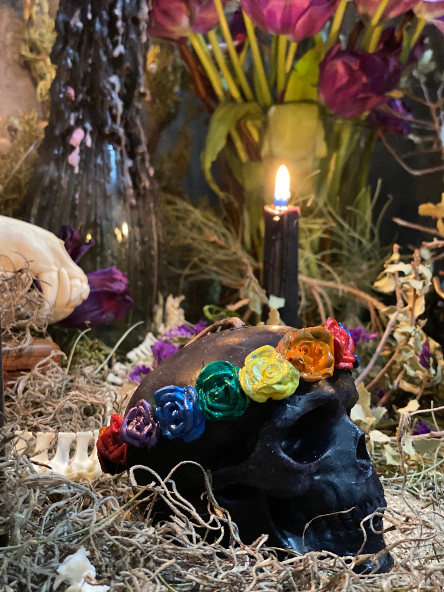 Skull Candle with Rainbow Roses + Hand Painted