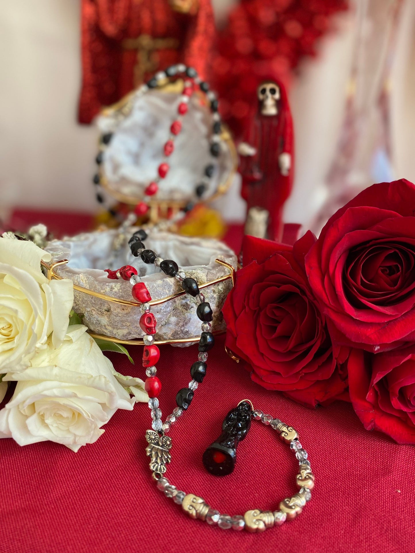 Santa Muerte Negra Reversing Rosary en Hilo with Skulls + Blessed + Handcrafted + Rosario