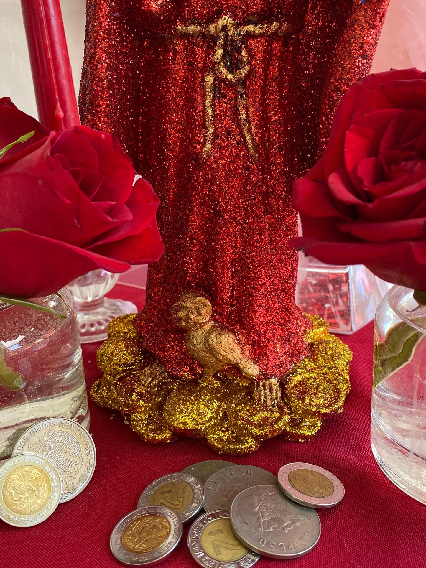 Bougie figure Santa Muerte Roja + Or 24 carats + Baptisé + Bienheureux + Fixé