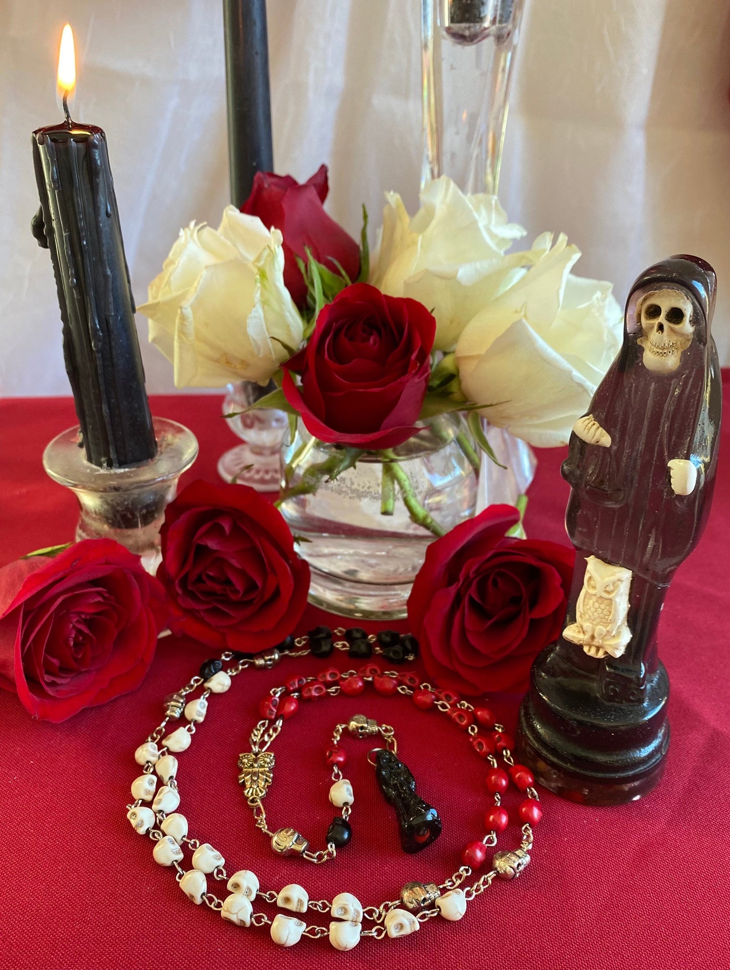 Santa Muerte Negra Rosary + Three Robes + Sterling Silver Plated Chain + Traditional Colors + Blessed + Rosario