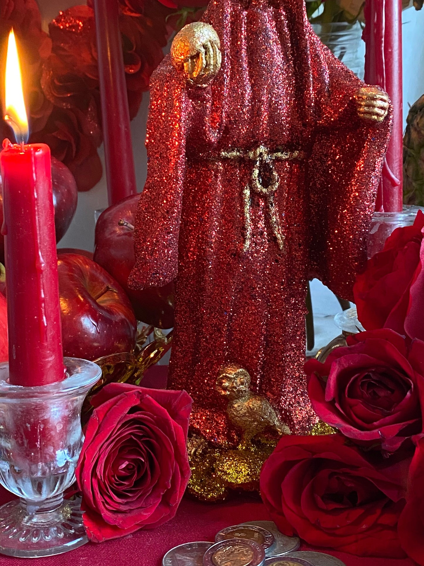 Bougie figure Santa Muerte Roja + Or 24 carats + Baptisé + Bienheureux + Fixé