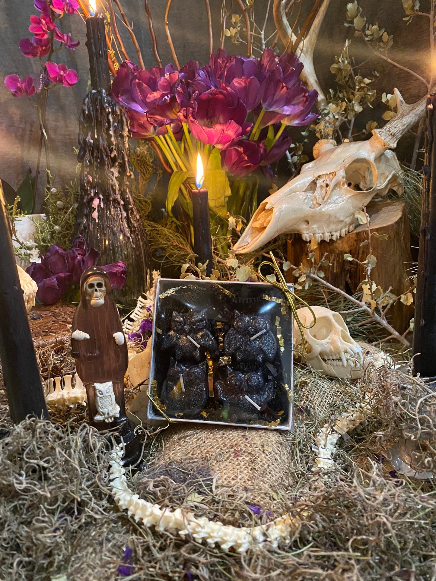 Owl Tealight Candles + Gift Box + Santa Muerte + Hecate + Samhain + Halloween