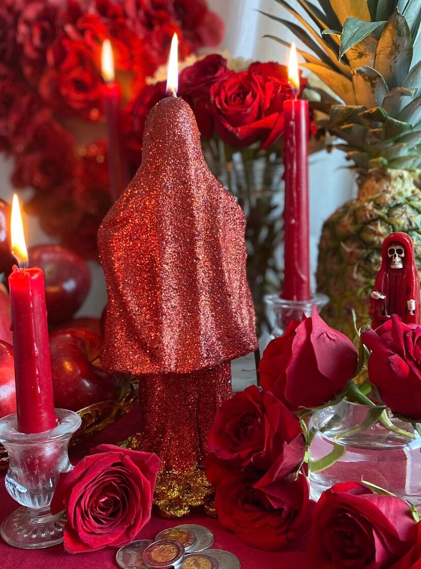 Bougie figure Santa Muerte Roja + Or 24 carats + Baptisé + Bienheureux + Fixé