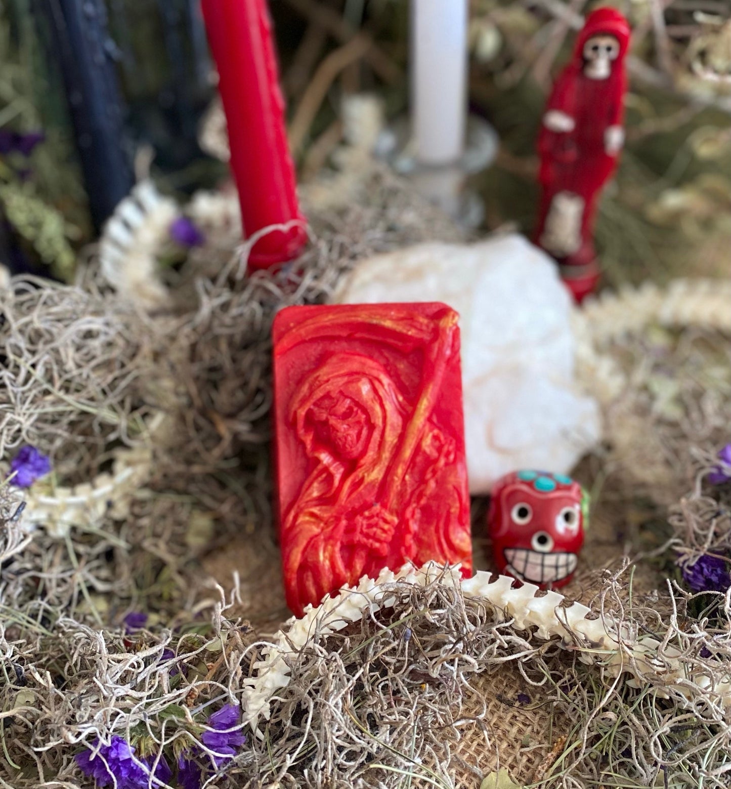 Large Santa Muerte Roja Soap + Blessed + Love + Passion + Money