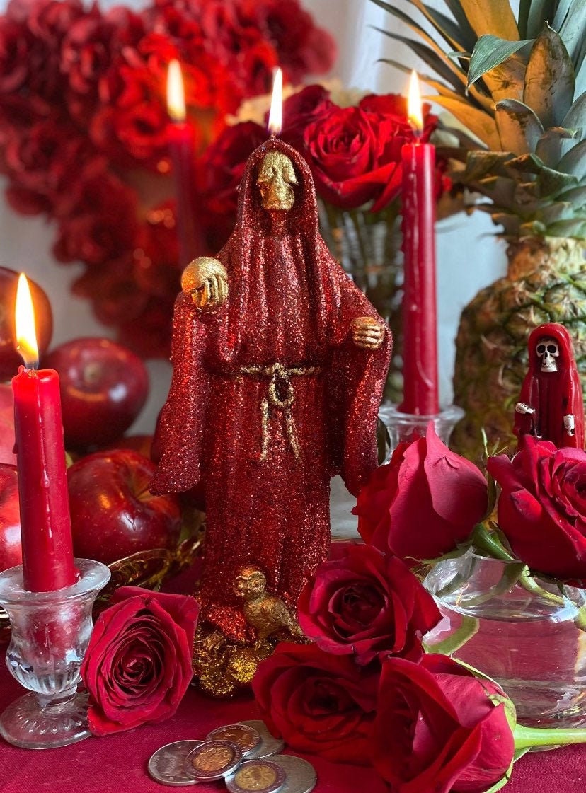 Bougie figure Santa Muerte Roja + Or 24 carats + Baptisé + Bienheureux + Fixé