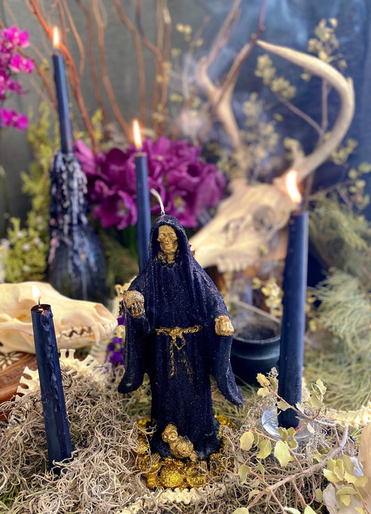 Vela Figura Santa Muerte Negra + Oro 24K + Bautizada + Bendita + Fija