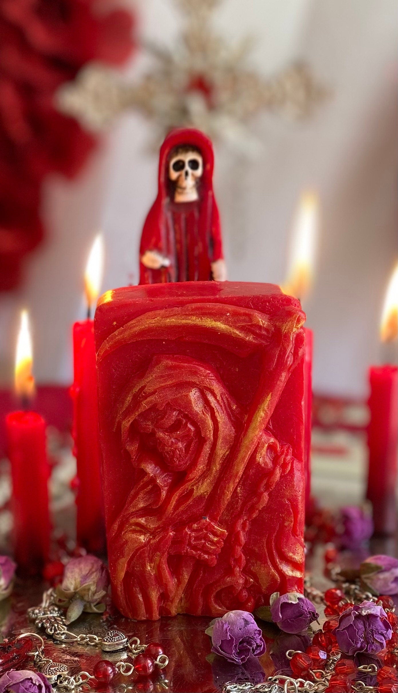 Large Santa Muerte Roja Soap + Blessed + Love + Passion + Money