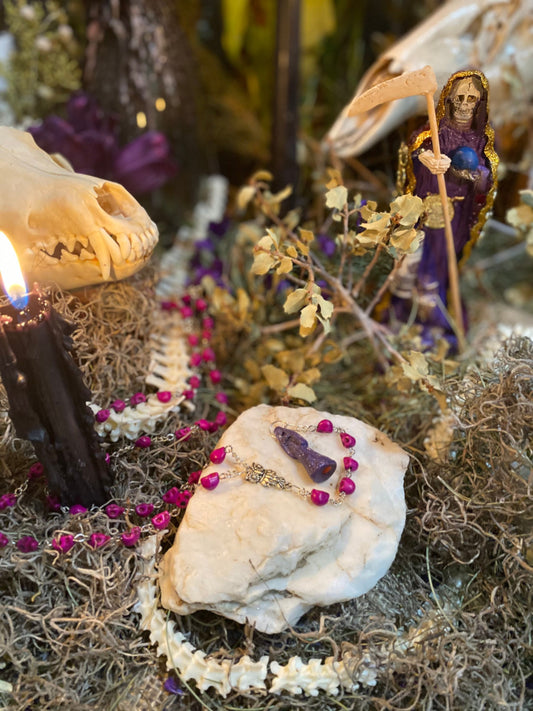 Santa Muerte Morada Rosary + Purple + Blessed + Sterling Silver Plated Chain + Handcrafted + Rosario