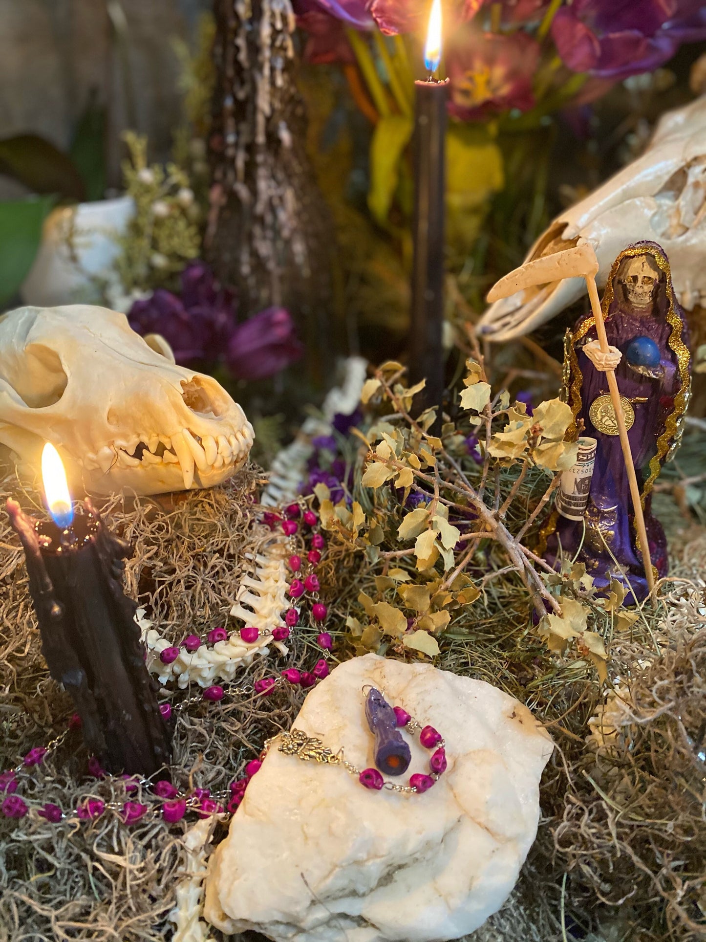 Santa Muerte Morada Rosary + Purple + Blessed + Sterling Silver Plated Chain + Handcrafted + Rosario