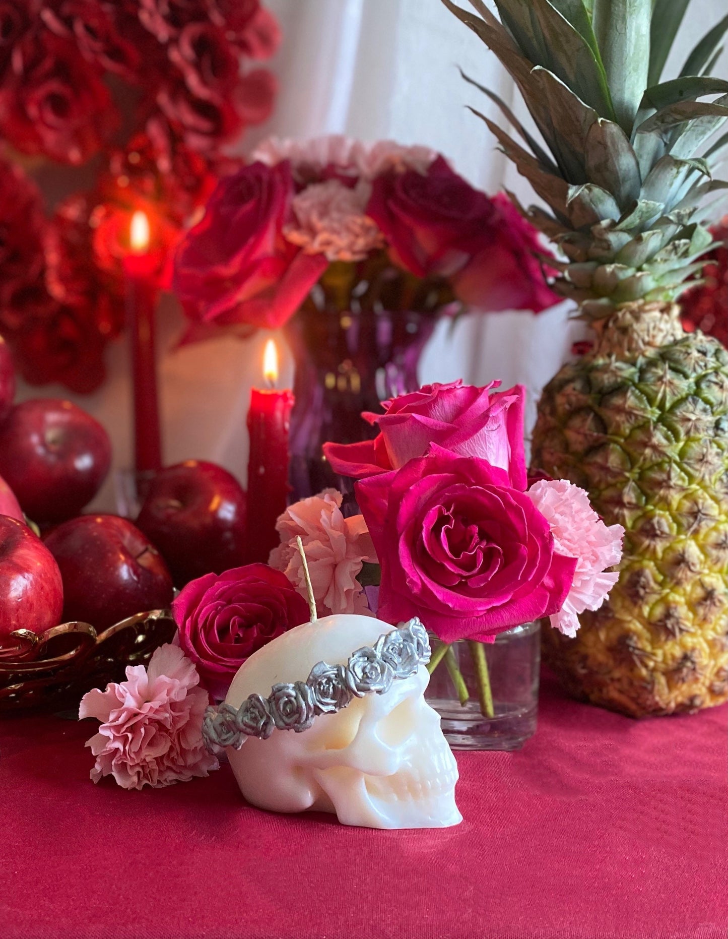 Skull Candle with Metallic Roses + Hand Painted