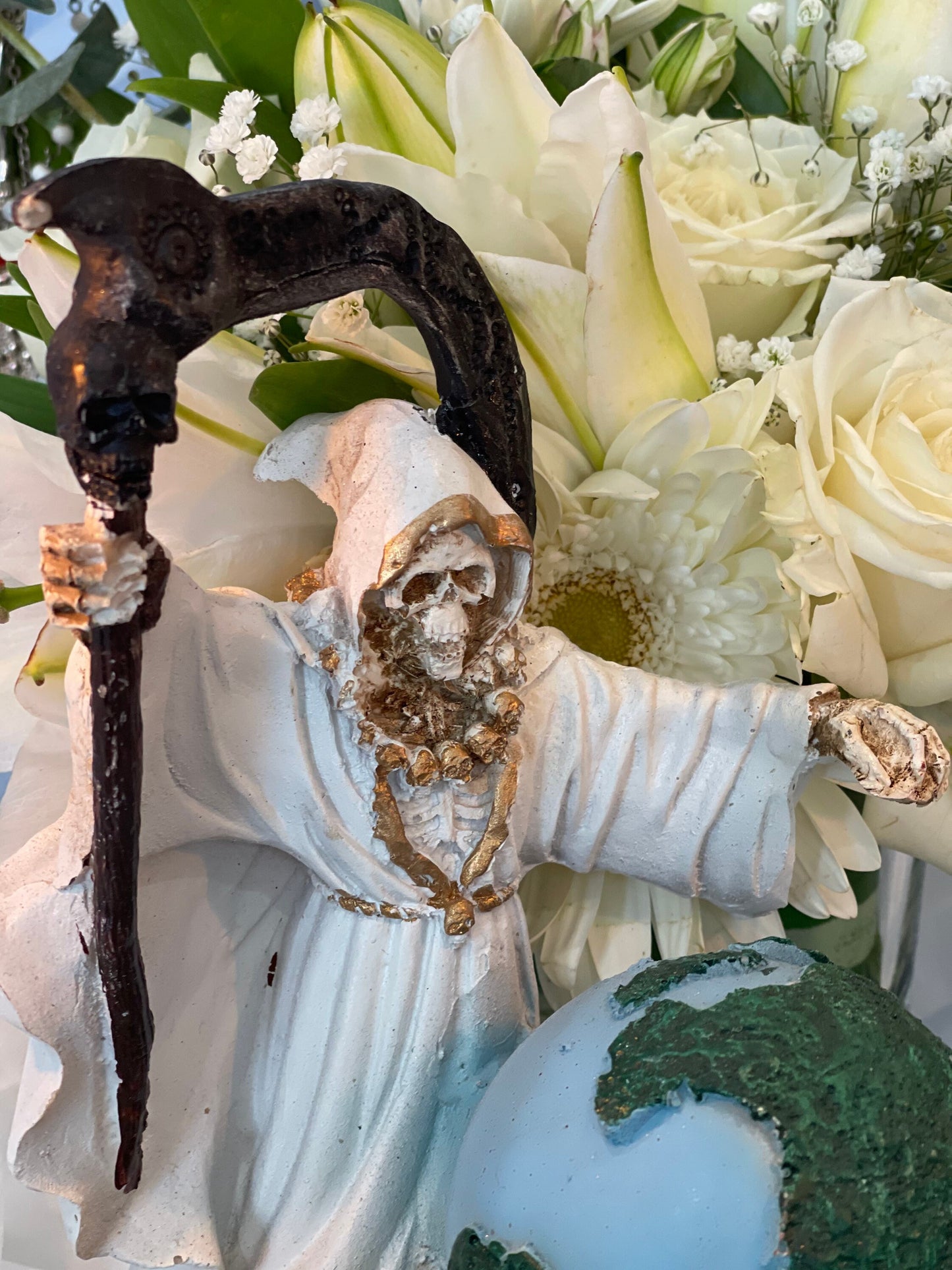 Santa Muerte Blanca Statue 9” + Baptized + Vencedora + Fixed + Made in Mexico