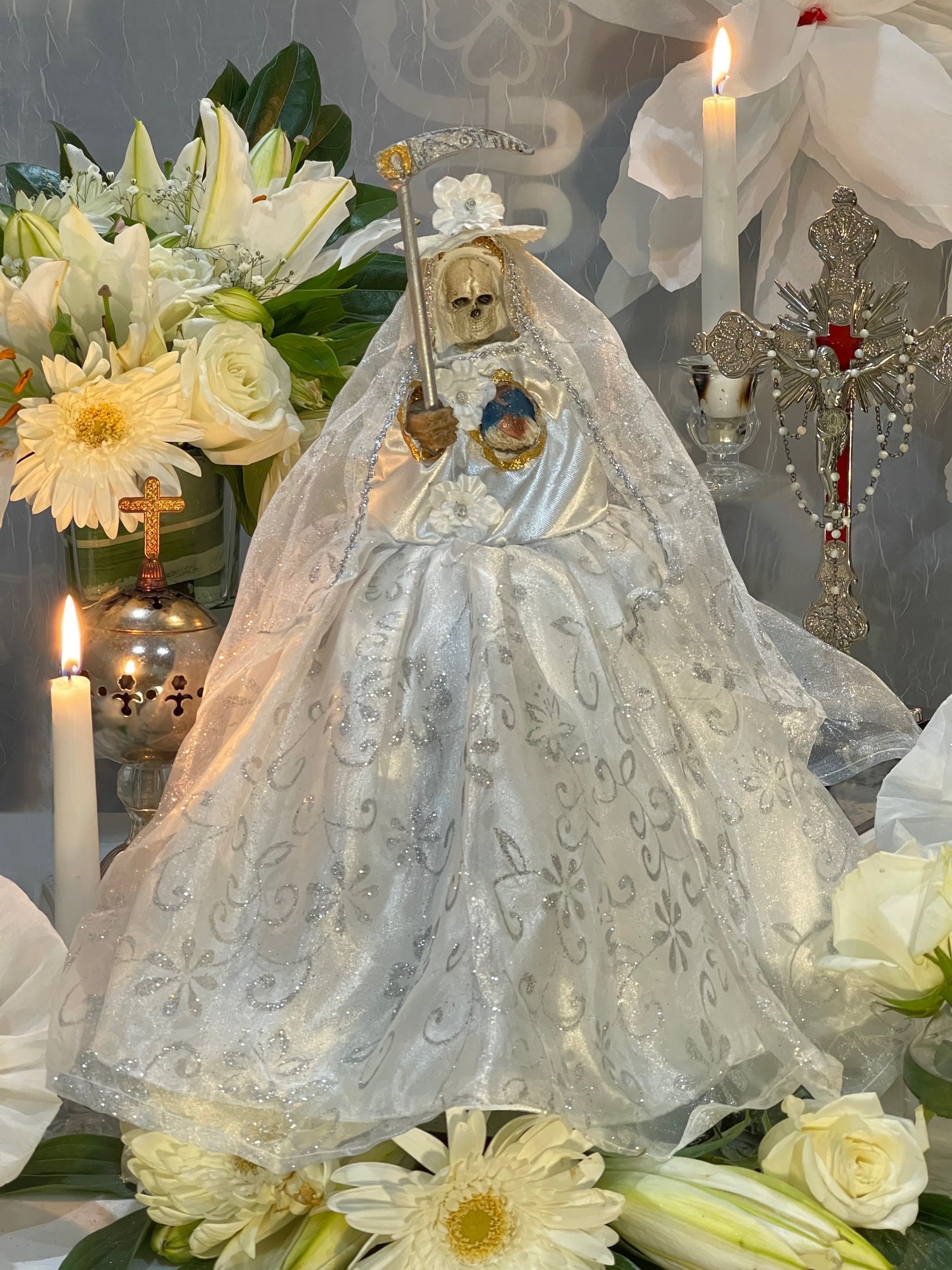 12” Santa Muerte Blanca Statue with Dress + Baptized + Fixed + Purity + Made in Mexico + 24K Gold Leaf on Scythe