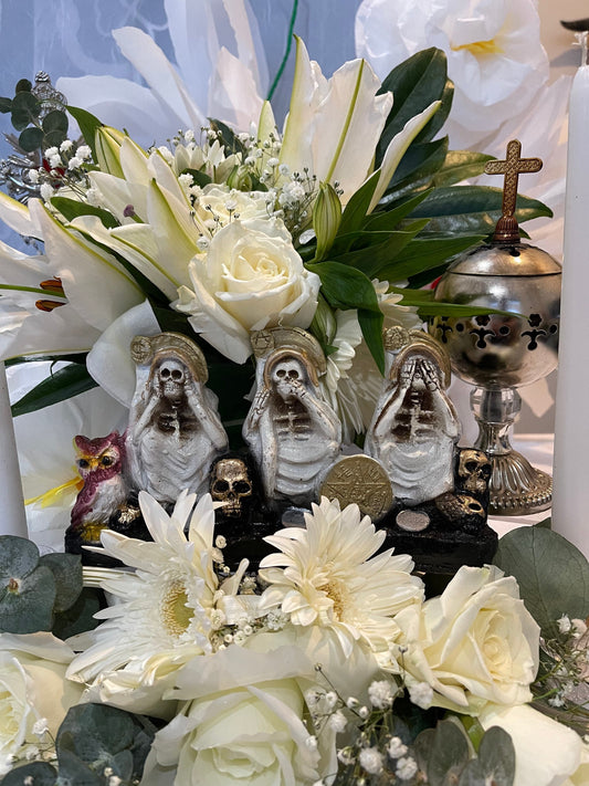 Santa Muerte Blanca Hear No, Speak No, See No Evil Statue + Baptized + Made in Mexico + Tetragrammaton