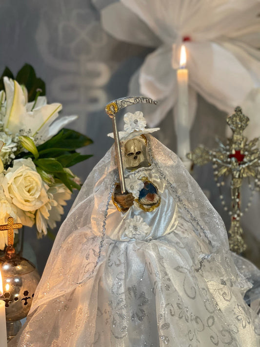 12” Santa Muerte Blanca Statue with Dress + Baptized + Fixed + Purity + Made in Mexico + 24K Gold Leaf on Scythe
