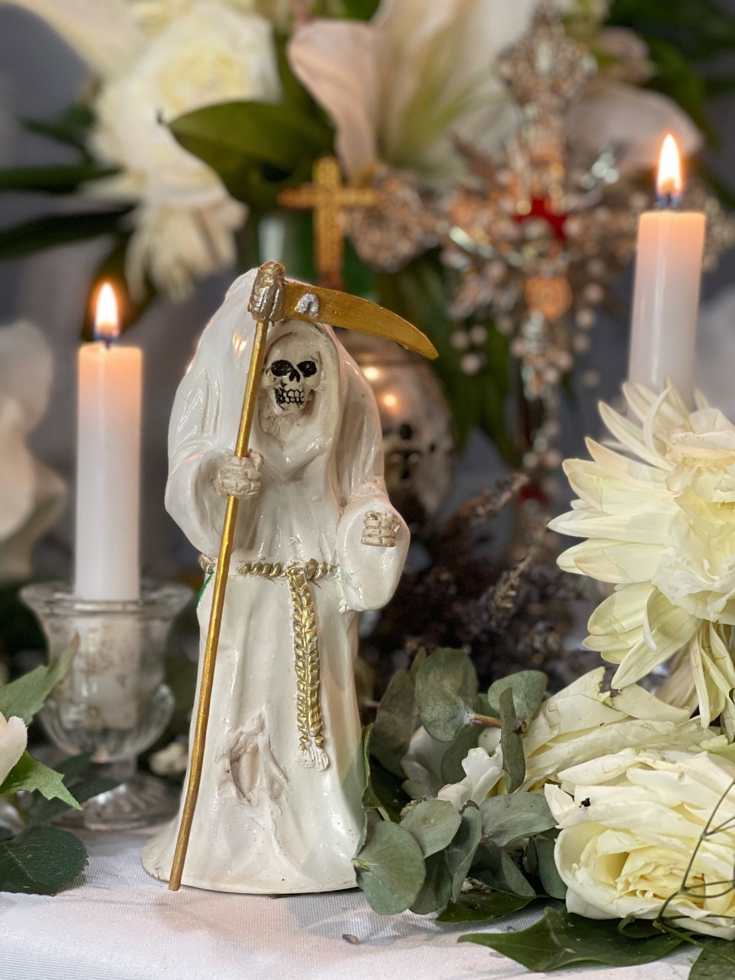 Santa Muerte Blanca Jorobada Statue + Hunchback + Lucky + Baptized + Fixed + Made in Mexico