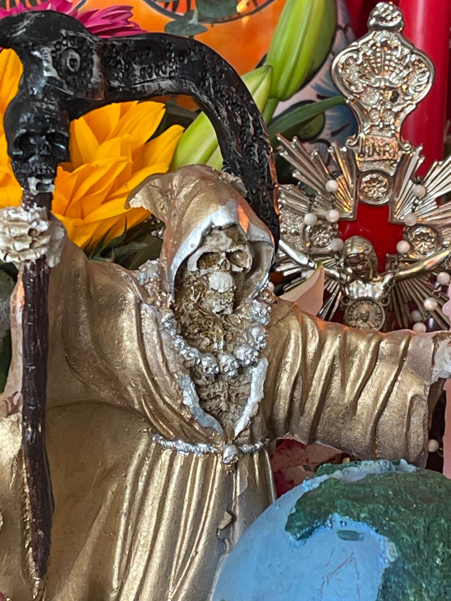 Santa Muerte Dorada Statue 9” + Baptized + Vencedora + Fixed + Made in Mexico