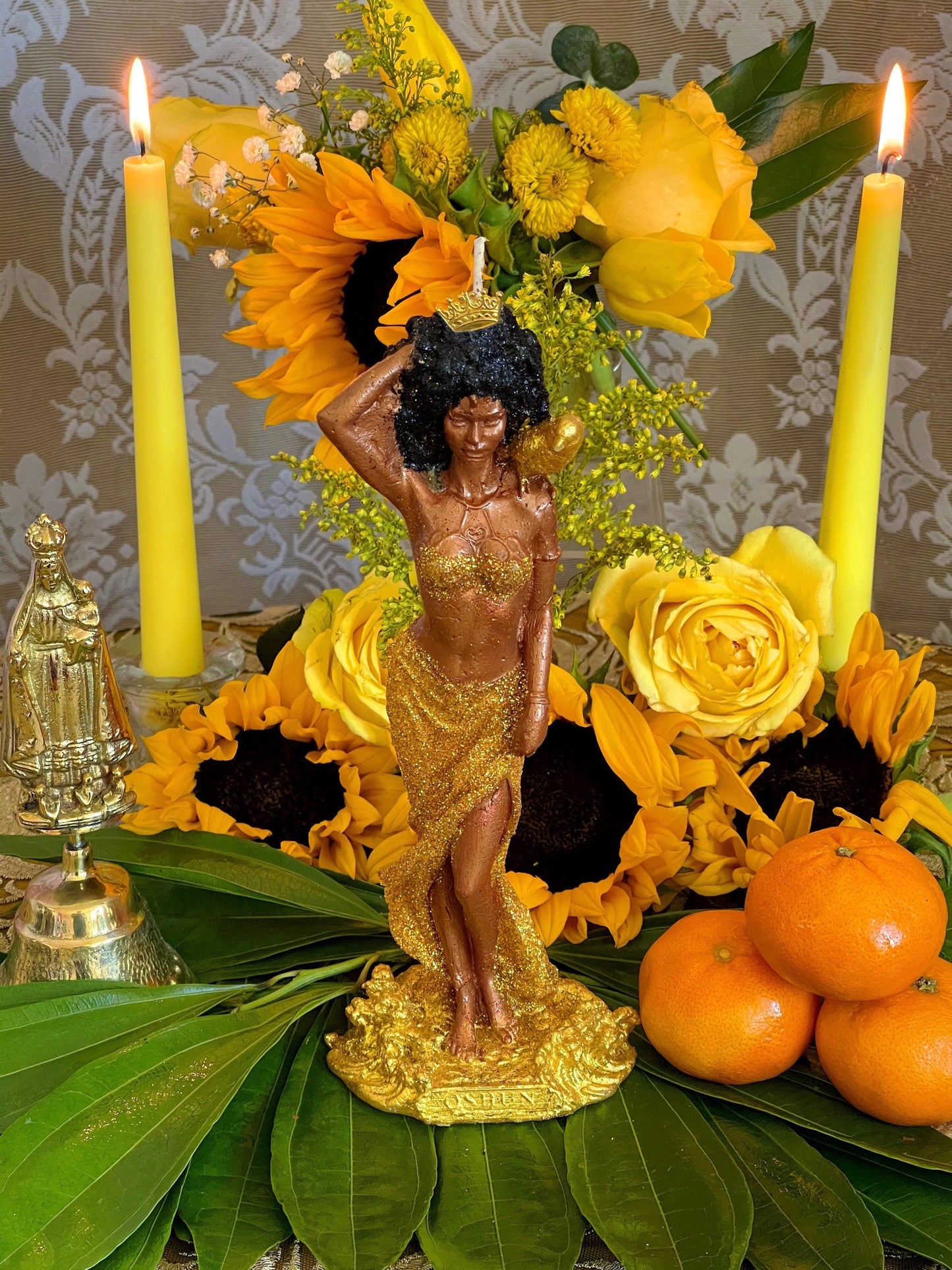 Oshun Fixed Candle + 24K Gold Leaf + African Spirit of Love & Prosperity + Orisha + Santeria + Ifa