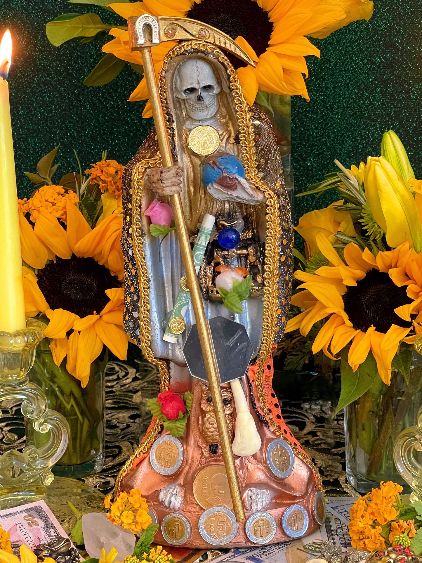 Statue de Santa Muerte Abre Camino pour l'argent et les affaires + 12" + Fixée et baptisée le jour de la fête + Or 24 carats