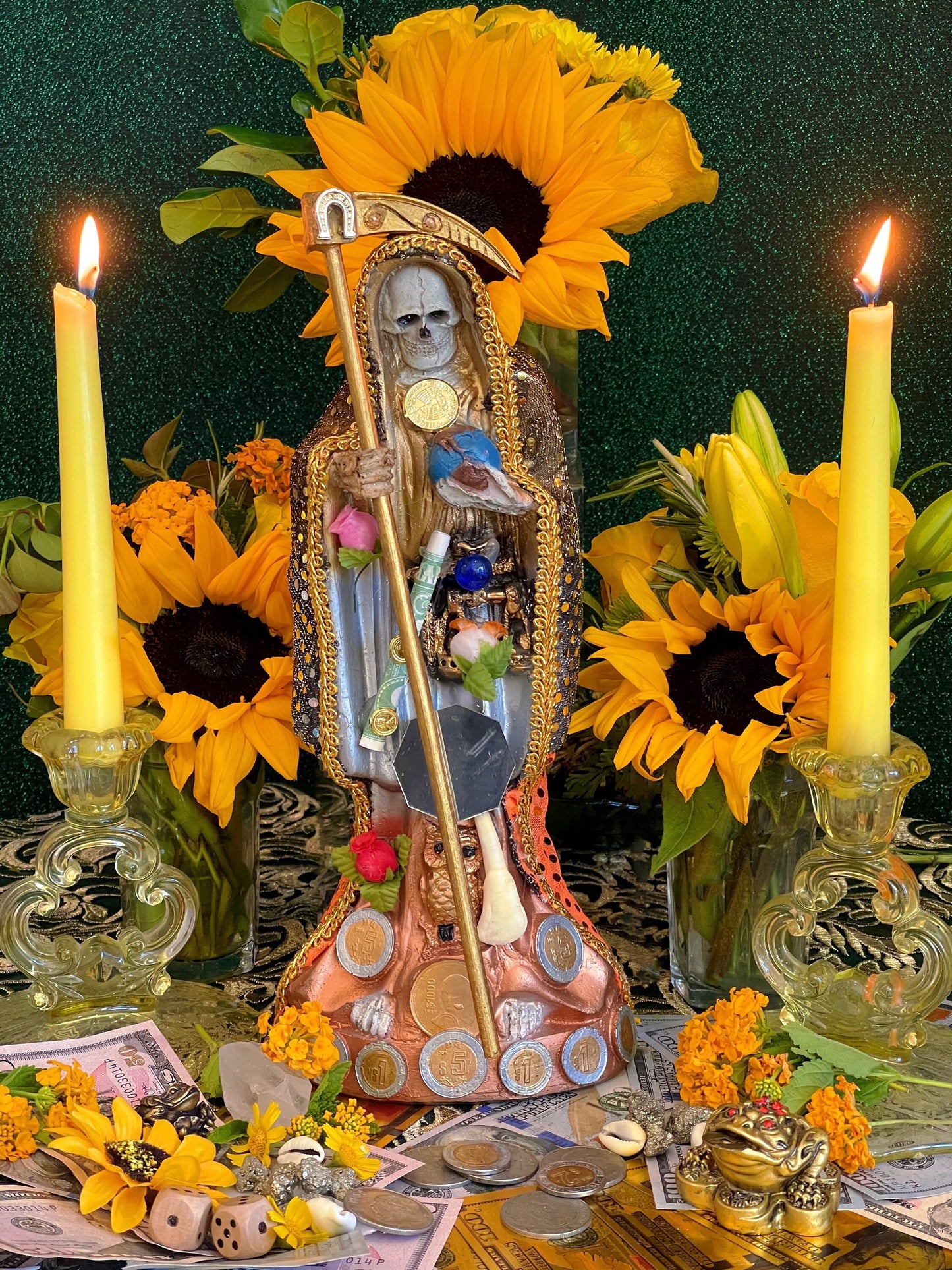 Statue de Santa Muerte Abre Camino pour l'argent et les affaires + 12" + Fixée et baptisée le jour de la fête + Or 24 carats