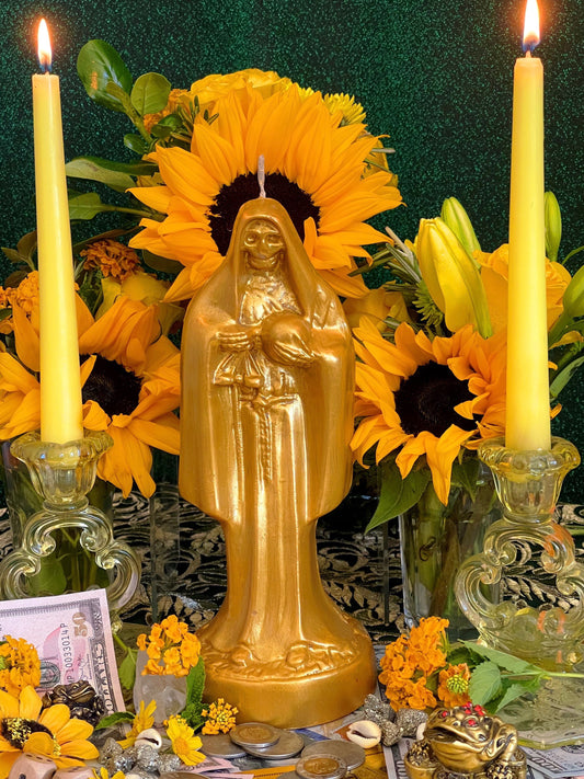 Santa Muerte Dorada / Vela Oro + Bendito + Oro 24K + Dinero + Abundancia