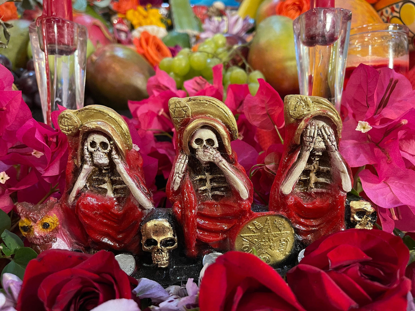 Santa Muerte Roja Hear No, Speak No, See No Evil Statue + Baptized + Made in Mexico + Tetragrammaton + Stop Gossip + Hide Love Spellwork