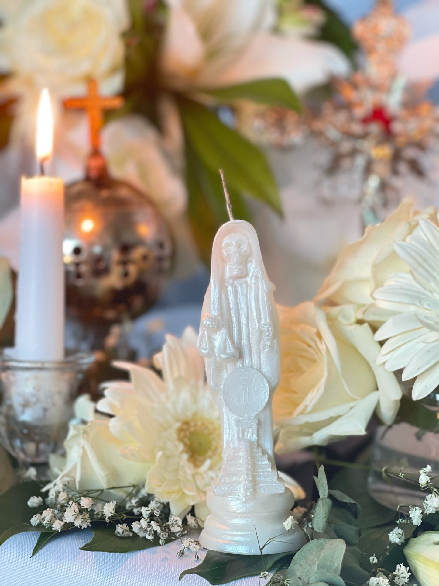 Vela Figura Santa Muerte Blanca + Bendita + Pureza + Psíquica + Sanación