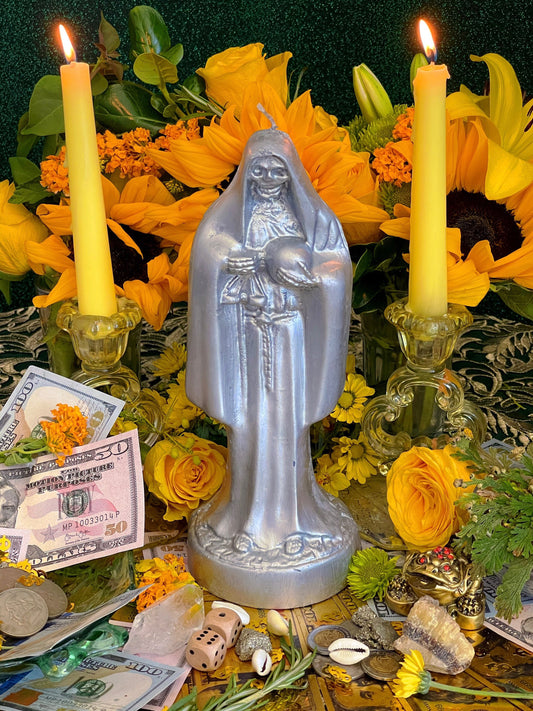 Santa Muerte Plata Candle + Blessed + Sterling Silver + Improve Finances + Gambling